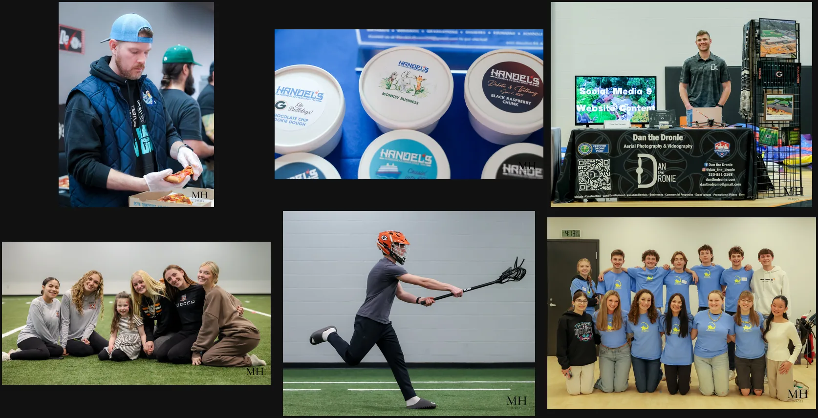 Event scenes — vendor booths, pizza serving, sports clinics, and more